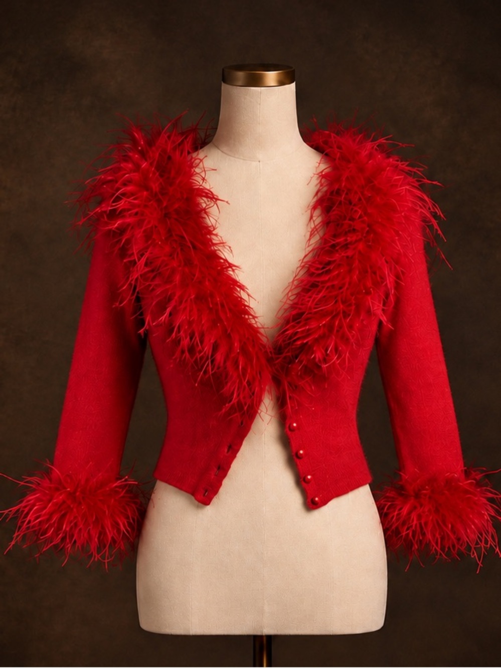 Betsey Johnson Red Feather Trim Cardigan Sweater